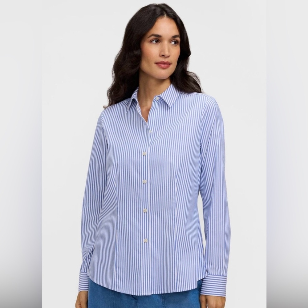 Foxcroft Blue & White Striped Button Down Shirt – Size 8P